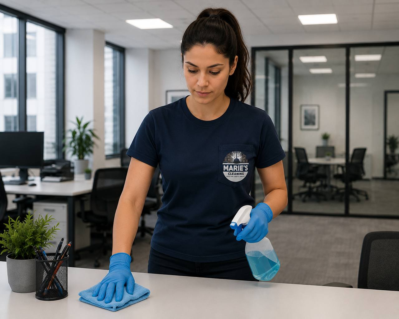 Marie’s Cleaning team member cleaning an office desk