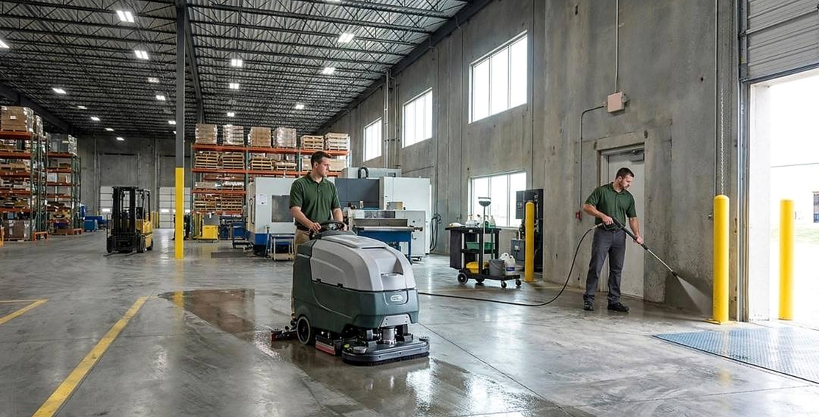 Warehouse floor cleaning with commercial equipment